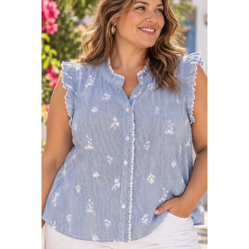 Talbots Blue Pinstripe Embroidered Ruffle Top 2X Sleeveless Floral Blouse NEW